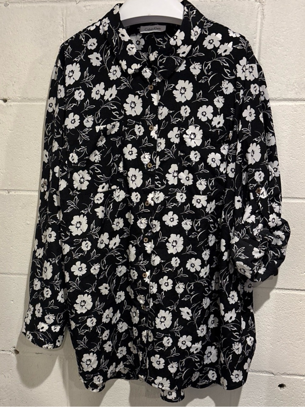 Calvin Klein roll tab sleeve button front blouse black white floral plus 2X